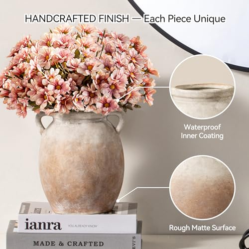 Dobbyby Ceramic Flower Vase 7.6 inch Farmhouse Rustic Vase Decorative Pottery Terracotta Vases for Home Decor Table Mantle Fireplace Living Room Bathroom Wedding Centerpiece (Aged Terra) - color: M-aged Terra