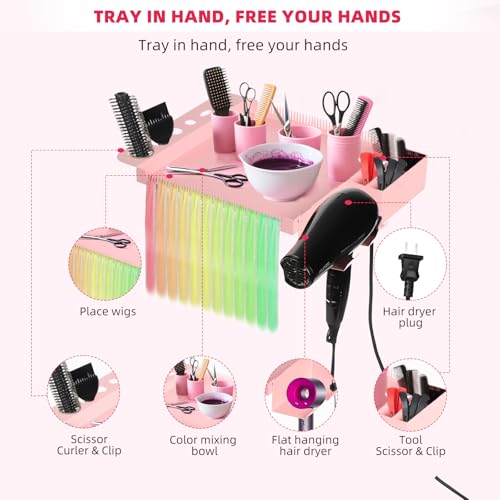 Extension Salon Tray Hair Extension Cart Tray Pink Multi-Function Extensions Rolling Tray with Blow Dryer Holder and Storage Platform - color: L-pink