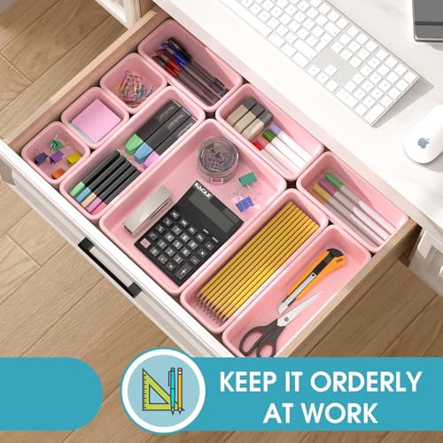 10 PCS Drawer Organizer Set, 4 Size Makeup Drawer Divider Organizer With Non-Slip Pads, Interlocking Plastic Storage Bins for Office,Jewelry Vanity,Gadgets, Bathroom,Kitchen, Pink - color: Pink, size: 10Pack