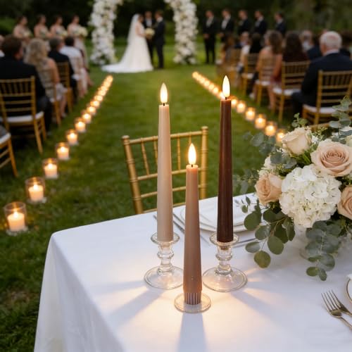 Brown Flameless Taper Candles with Remote, 9.6 Inches Real Wax Battery Operated Candles, 3 Pack Flickering LED Candlesticks, Tall Taper Fake Candles for Home, Wedding, Party - color: Gradient Brown