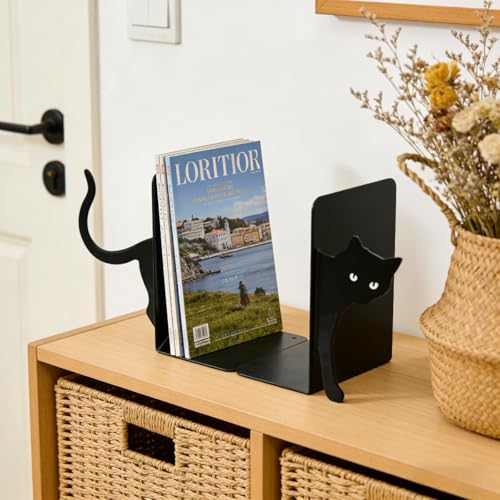 Cute Cat Book Ends Cat Bookends for Shelves, Home Office Desk Gift for Cat Lovers and Reading Enthusiasts - color: Black