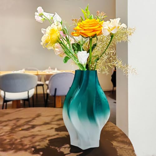 Green Gradient Hexagonal Glass Vase for Home Decor, Modern Flowers Vase with Wide Mouth, 9.65in, Ideal for Wedding, Living Room, Bedroom, Dinner Table - color: Green, size: 9.6in