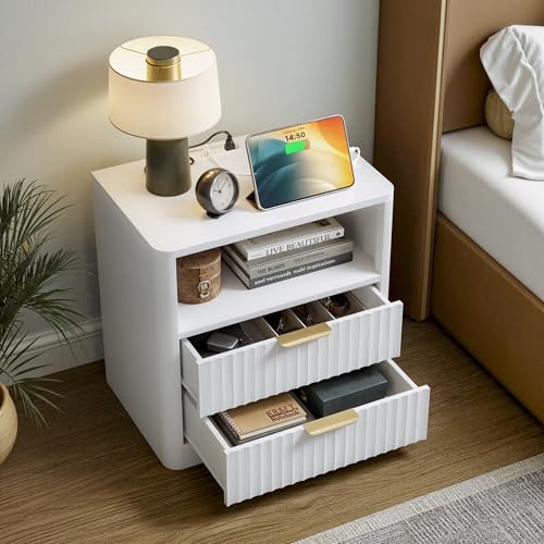 IRONCK Fluted Night Stand Set of 2, Modern Nightstand with Charging Station, Drawers and Open Shelves - Bedside Table Wood Side Table Set for Bedroom, White - color: White