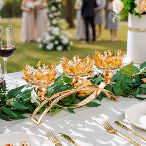 Crystal Candle Holders Lotus Candelabras Gold Arch Candlestick, Centerpiece Table, Home Hecor for Wedding, Dinning Room, Coffee Table, Kitchen, Living Room (26.7cmL, Tealight Candle) - color: Gold, size: 3-Arm