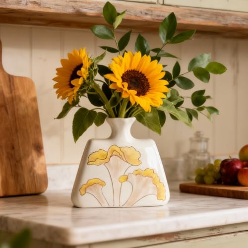 Modern Ceramic Flat Vase - 6.1" Small Decorative Flower Vase with Yellow Botanical Pattern - Boho Minimalist Home Decor for Bookshelf, Mantle & Desk