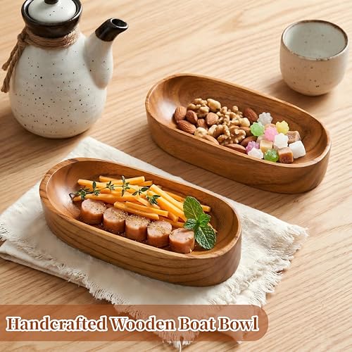 Mechi 4 Pack Decorative Oval Wood Bowl, 7 Inch Long Handcrafted Wooden Boat Bowl, Small Entryway Catchall Tray Holder for Snack, Sauce, Jewelry, Ring, Key, Remote, Home Decor, Table Centerpiece