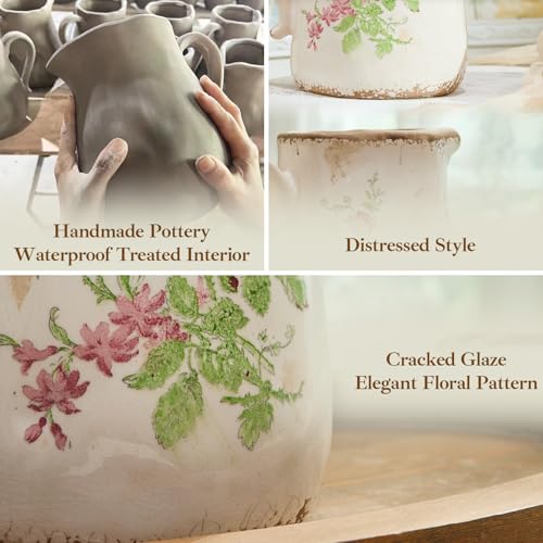 Retro Rustic Large Ceramic Vase with Handle, Distressed Farmhouse Pitcher for Home, Ideal Shelf Decor, Red Rose Floral Vase for Living Room Bedroom Office Table Centerpiece Decorations 9 Inch - color: Pink Flora, size: Large Pitcher