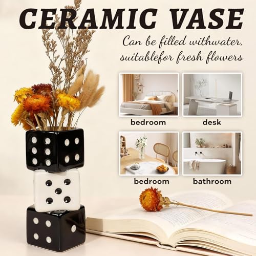 Tnstbiee Triple Dice Ceramic Vase – Elegant Black & White Decorative Vase for Home & Bar, Perfect for Flowers | Unique Centerpiece for Dining Table, Coffee Table & Entryway | Stylish Decor for Kitchen - color: Black and White Dice Vase