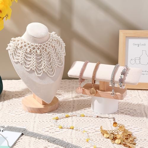 AceOrbit 2 Pcs Jewelry Display Stand Set Velvet Jewelry Bust Display Stand and T Bar Bracelet Holder for Necklaces Bracelets Chains Retail Boutique Shops Selling(Beige)