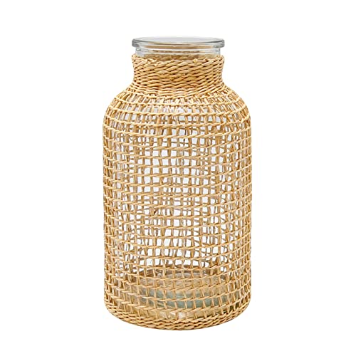MDEOOSKY Straw Woven Glass Vase 7.87''x1.96''x4.13''Boho Glass Flower Vase Country Rustic Style Vase Glass Vase for Floral Arrangements Bottle Height (B Style 7.87IN) - size: 7.87IN