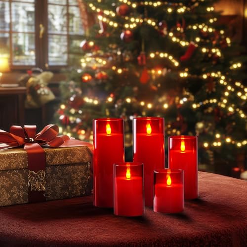 Homemory Christmas Red Flickering Flameless Candles, Battery Operated Acrylic LED Pillar Candles with Remote Control and Timer, Set of 5 - color: Red