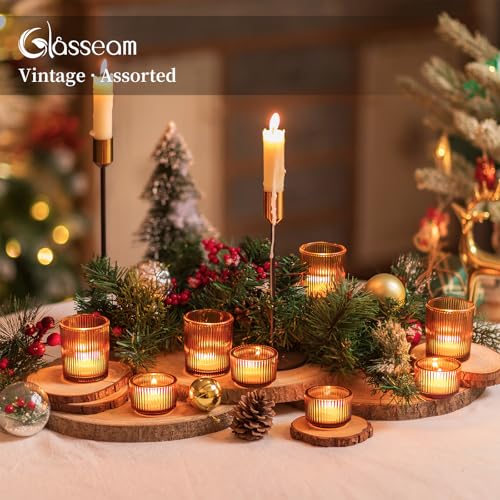 Glass Votive Tealight Candle Holder: Glasseam Amber Ribbed Tea Lights Candle Holder Bulk 24 Small Tea Candle Holder Fall Candle Holders for Table Centerpiece Thanksgiving Christmas Wedding Decor - color: Amber