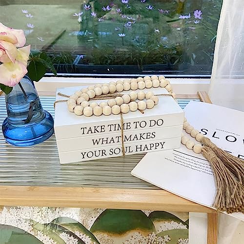 Decorative Books for Home Decor, White Faux Books for Decoration, Rustic Farmhouse Stacked Display Books with 52in Wood Bead Garland for Coffee Tables Living Room (TAKE TIME to DO) - style: TAKE TIME TO DO