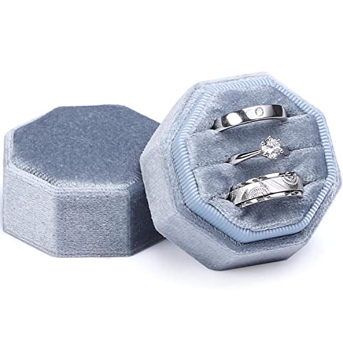 WantGor Velvet Ring Box, 3 Slots Jewelry Ring Gift Box Vintage Ring Display Holder Case for Wedding Ceremony Proposal Engagement (Blue) - color: Blue
