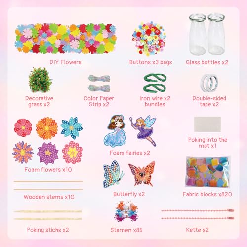 Mostop Poke-in Art Flower Bouquet DIY Craft Kit for Girls Age 4-5 6-7 8-12, Mess-Free Button Felt Flower Making Set, Creative Activity Educational Birthday Gift Toys for 6-8 8-10 Year Old Kids