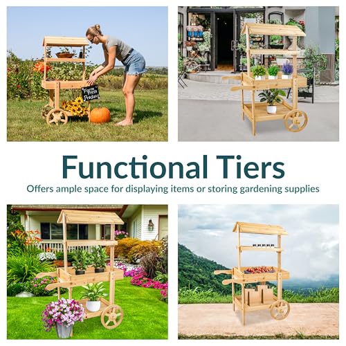 Sunnydaze Country Market Flower Cart Display Stand with Wheels - 2 Shelves - Fir Wood - 30 lb Weight Capacity - Natural Fir - color: Natural Fir
