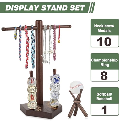 Baseball and Softball Jewelry Organizer, Wooden Baseball Stand and Display Holder for Championship Ring & Drip Necklace, Ring Display Holder , Baseball Accessories Decor, Gift for Athletes and Fans