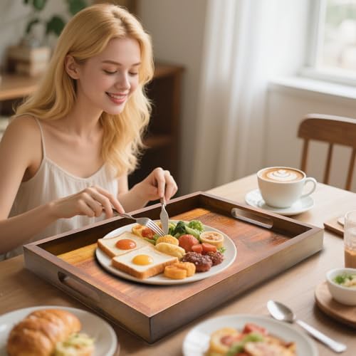 2 Sizes Acacia Wood Serving Tray with Handles, 17x13 & 16x12 inch Rectangular Ottoman Trays, Decorative Wooden Tray for Food, Drinks, Coffee Table, Living Room, Kitchen, Brown, 2 Pack