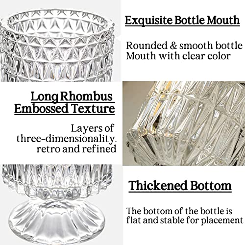 BLOFLO Embossed Glass Vase, 7'' Crystal Glass Vases, Pedestal Big Base Glass Bouquet Vase, Hydroponic Glass Transparent Vase for Home Office Wedding Dining Table Party (Long Rhombus Pattern) - color: Long Rhombus Pattern