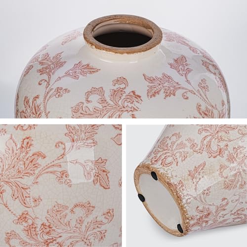 Sungmor Vintage Ceramic Flower Vase - 9.4 Inch Retro Ice Cracked Glaze Chinoiserie Vase, Rustic Farmhouse Home Décor Accent for Dried Flowers, Greenery - Table Centerpieces, Shelf, Mantel Decor - color: Pink
