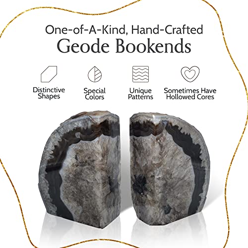 Nature's Decorations A Quality Black Agate Geode Bookends - Heavy Duty with Non-Skid Rubber Bumpers for Shelves, Office, Home Decor - Cool Crystal Stone (1 Pair 6-8 LB) - color: Black, size: A Grade 6 - 8 Lbs