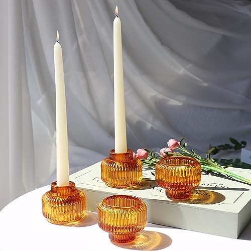 Woho Candlestick Holders Set of 4, Amber Votive Candle Holders for Fall Wedding Table Centerpiece, Ribbed Glass Taper Candle Holders for Dinner Party Halloween Thanksgiving Decor - color: Amber