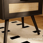 JOONEE Rattan Nightstand,Farmhouse Bedside Table with 2 Storage Drawer and Open Wood Shelf, for Bedroom and Small Spaces,Night Stand with Solid Wood Legs (Black) - color: Black