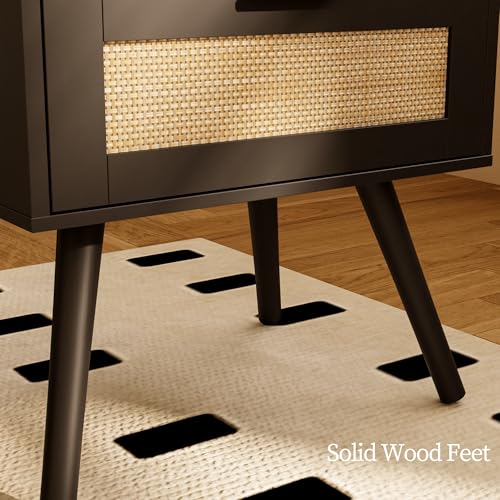 JOONEE Rattan Nightstand with Charging Station,Farmhouse Bedside Table with 2 Storage Drawer and Open Wood Shelf, for Bedroom and Small Spaces,Night Stand with Solid Wood Legs (Black-Outlet) - color: Black-outlet