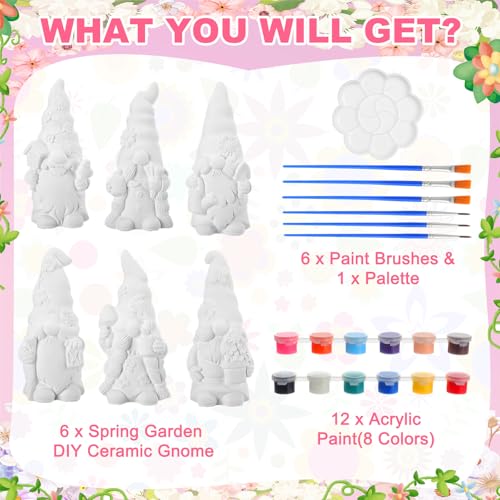 Arrowbash 6 Pcs Garden Ceramics to Paint Ready to Paint Your Own Gnome Statues 5.12 Wildflowers Theme Paintable Figurines DIY Unpainted Ceramics Plaster Crafts Kit with Brush Palette - style: Garden