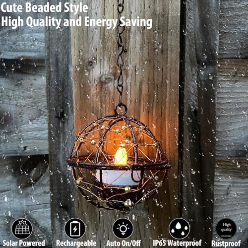Outdoor Solar Hanging Lanterns Waterproof, Globe Hanging Candle Holder with Flickering Solar Powered Tea Lights, Chargeable Chandelier Light for Backyard Patio Garden Fence Tree Decoration-4Pack