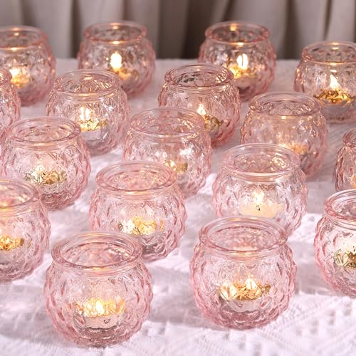 DARJEN 48Pcs Pink Votive Candle Holders- Round Candle Holders Bulk for Flameless LED Tea Waxes, Romantic Candle Holder for Wedding & Home Table Decor, Various Parties - color: Pink, size: 48PCS