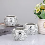 OwnMy 3PCS Mosaic Glass Tea Light Holders Round Bowl Votive Candle Holders Pillar Candle Stands, Silver Glass Mosaic Tealight Holders Potted Plant Bowl Vase Candle Centerpiece for Dining Table Wedding - color: Silver