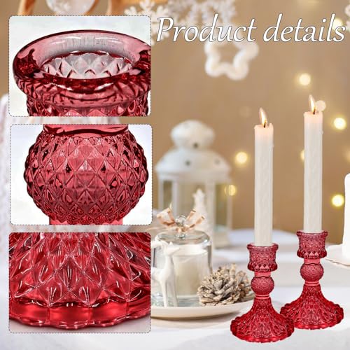Glass Candlestick Holders Set of 2，Taper Candle Holders Fit 0.8 Inch Candles, Crystal Decorative Candle Stand Centerpiece for Table Wedding Dinning Party 4 Inch Tall (Red) - color: Red