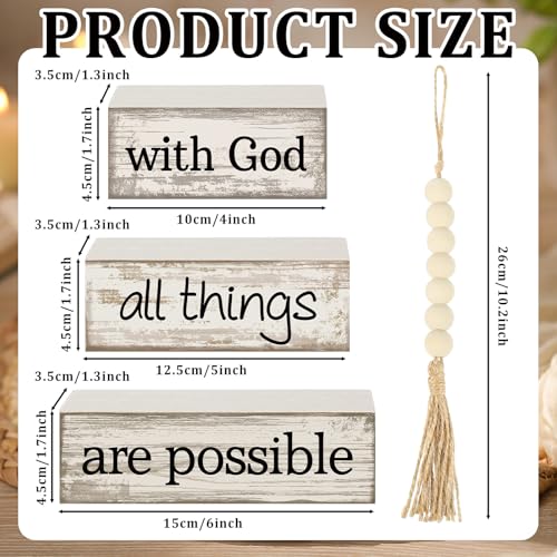 Yuntau 4 Pcs Farmhouse Wooden Tabletop Decor Farmhouse Tiered Tray Decor Rustic Retro Wood Bead Garland with God All Things are Possible Block Sign Neutral Centerpiece Sign for Home Shelf Mantle - style: Farmhouse