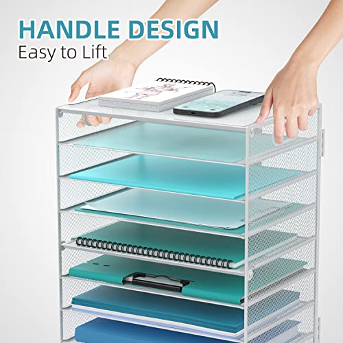 DALTACK 9-Tier Paper Organizer for Desk, Mesh Letter Tray Desk Organizer with Handles, Space-Saving File Organizer for Office Home School, White - color: Desk Organizer White