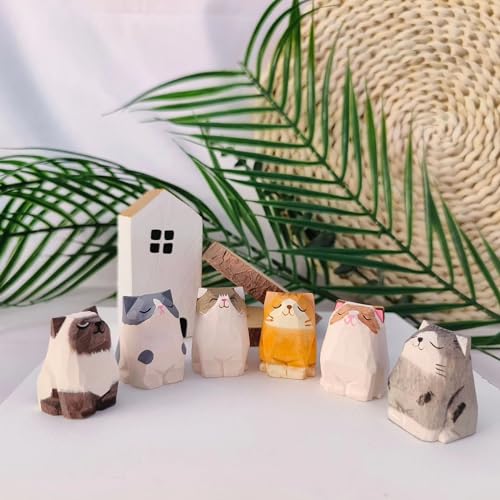 Wooden Cat Figurines Sculpture Statue Lovely Small Carved Orange Cat Statue Handmade Wood Kitten Art Carving Work for Home Office Decoration (Little White Gray Cat) - color: Little White Gray Cat