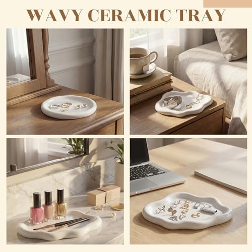 Patelai Ceramic Jewelry Tray Set of 2, Trinket Dish Decorative Cloud Vanity Key Tray for Ring Holder Cute Jewelry Plate Bowl Birthday Gifts for Mom Women Aesthetic Room Decor, White