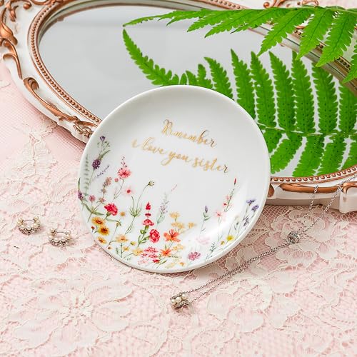 Crisky Jewelry Ring Dish for Sister Birthday Gifts, Thinking of You Gift for Sister Thanksgiving Day Christmas Graduation Gift Ideas (I Love You Sister) Floral Thrinket Tray - style: Sister I Love You