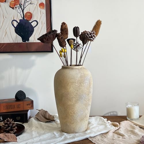 12 Inch Farmhouse Decor Ceramic Rustic Vase,Beige Handmade Flower Vases for Centerpieces,Pottery Vase for Living Room,Kitchen & Bedroom Decor,Vintage Ceramic Vases for Wedding - color: Beige, size: Small