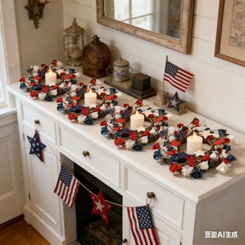 6 Pcs Mini 4th of July Candle Ring Wreaths Patriotic Red White and Blue Artificial Pillar Candle Holder Wreath for Farmhouse Independence Day Memorial Day Porch Front Door Cabinets Table Decoration - color: 4th of July