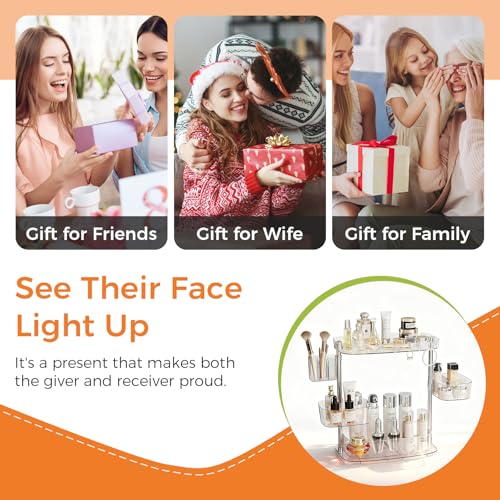 Rotating Makeup Vanity Organizer, Bathroom Countertop Cosmetic Skin Care Storage,Cosmetic Display Case with Brush Holder,for Skincare Perfume Cosmetics,Detachable Hanging Trays & Hooks