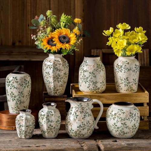 Vintage Pastoral Green Ceramic Flower Vase 8.5”, Rustic Cottage Core Decor for Living Room, Bookshelf, Office, Mantel & Table Centerpiece - color: 16-green and Beige