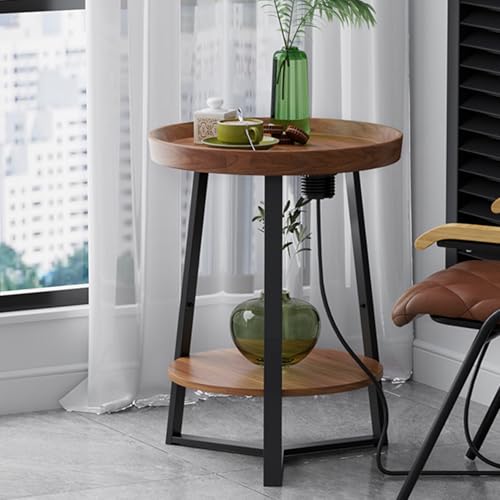 Gadroad Round End Table with Charging Station, USB Ports, Wood Tabletop & Black Metal Frame, 2-Tier Side Table for Living Room, Bedroom, Brown 15.7 * 15.7 * 23.0inches - color: Brown, style: with Charging Station
