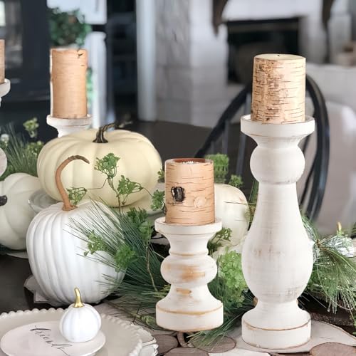 CedarLux Rustic Pillar Candle Holder, 6 Inch White Wooden Candlestick Holders, Farmhouse Candle Stands for Pillar Candle,Decorative Wood Candlestick Holders for Living Room, Table Centerpiece - size: 6"H