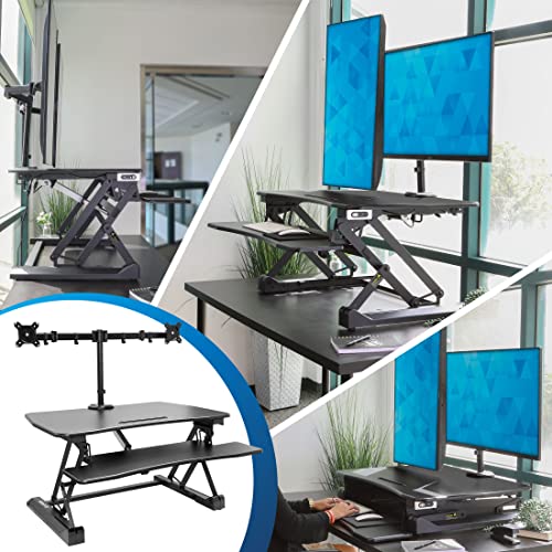 Mount-It! Electric Standing Desk Converter with Dual Monitor Arms for 2 Screens (Max 32"), Large 35.4" Wide Desktop, Motorized Stand Up Desk Riser, Keyboard Tray, USB, Black Stand up Desk Convertor - size: Large 35.4"