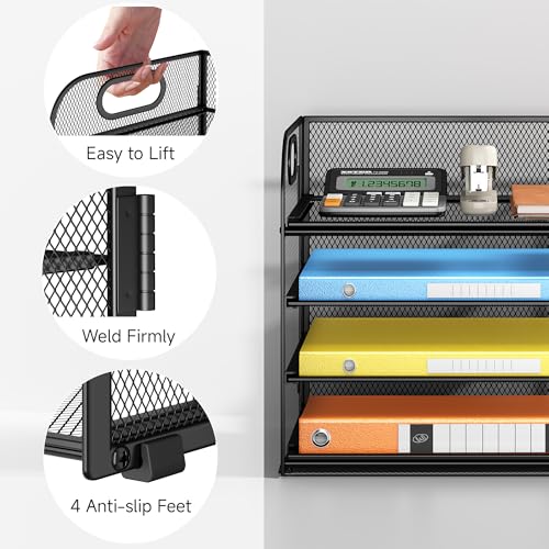 Lavatino Paper Organizer for Desk, 4-Tier Desk Organizer Tray, Mesh Desktop File Organizers with Handle, Office Classroom Organization and Storage-Black - color: 4 Tier - Black