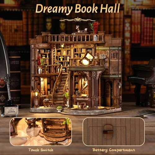 Dreamy Book Hall Book Nook Kit – DIY Miniature Dollhouse 3D Wooden Puzzle, Multi-Layer Vintage Library with LED Warm Light, Premium Imported Wood Bookends, Creative Gift for Adults & Teens - style: Dreamy Book Hall