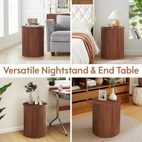 AVZEAR Small Round Side Table Fluted Night Stand Set of 2, 17.7" Mid Century Modern End Table, Circle Bedside Tables Wood Nightstands for Small Spaces, Living Room, Bedroom (Rustic Walnut) - color: Walnut, size: 17.7"D x 17.7"W x 21.6"H