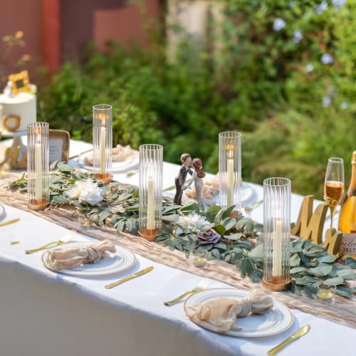 Hewory Hurricane Glass Candle Holders: Set of 2 Gold Candlestick Holders with 11" Tall Clear Cylinder Hurricane Cover, Taper Candle Holder for Wedding Table Centerpiece Party Christmas Home Decor