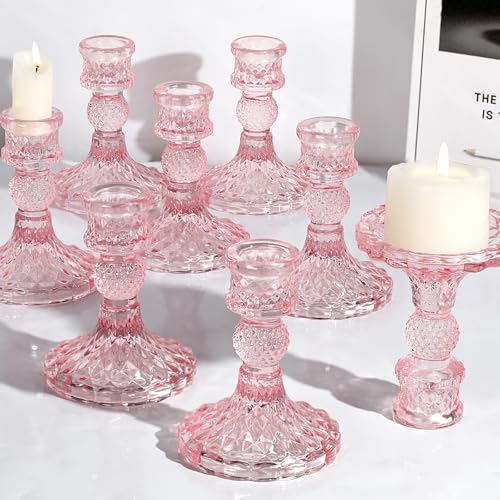 12Pcs Pink Candlestick Holders Set- 4" H Taper Candle Holders Bulk, Glass Candle Holders for Wedding, Party, Romantic Dinner Table Centerpieces, Festival Gifts & Windowsill Decor - color: Pink Dimond Pattern